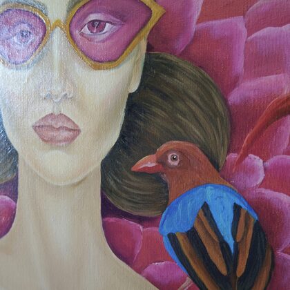 “Pink sunglasses”. 120x120 cm, oil on canvas. 