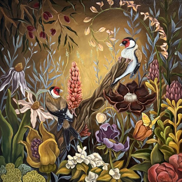 “Goldfinches at sunset”, 70x70 cm , oil on canvas