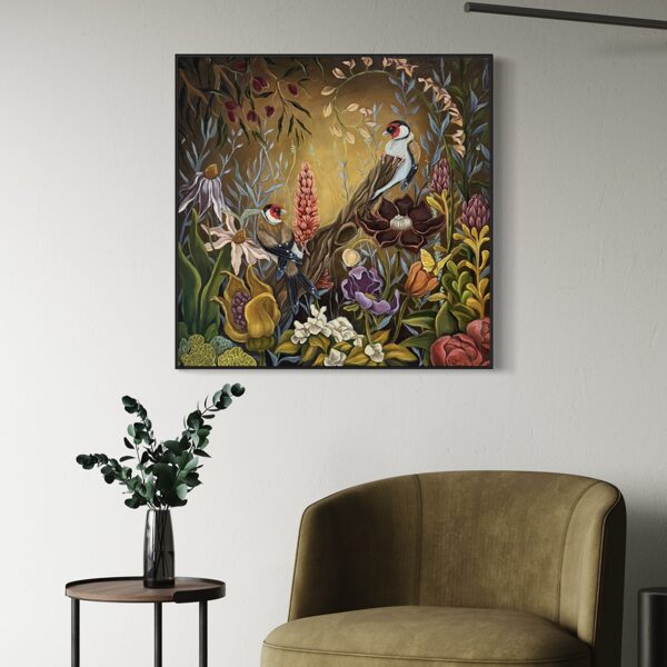 “Goldfinches at sunset”, 70x70 cm , oil on canvas