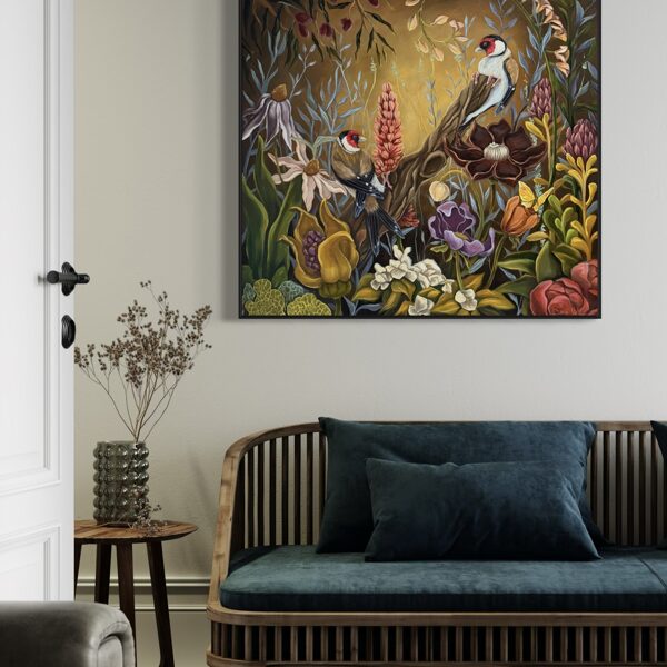 “Goldfinches at sunset”, 70x70 cm , oil on canvas