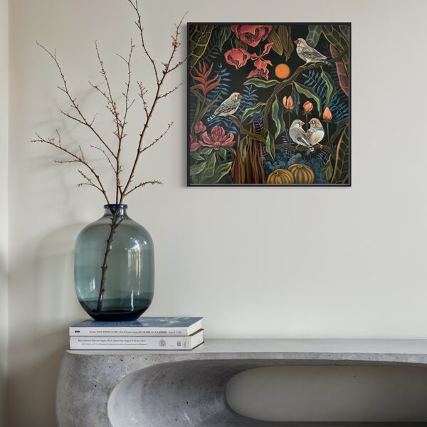 “Chattering finches”. 60x60 cm. Oil on canvas.