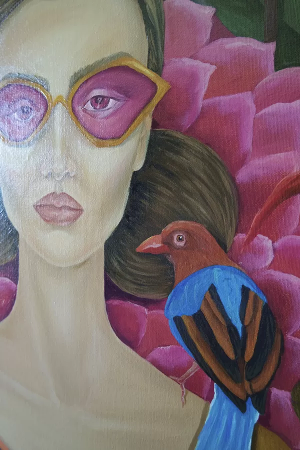 “Pink sunglasses”. 120x120 cm, oil on canvas. 