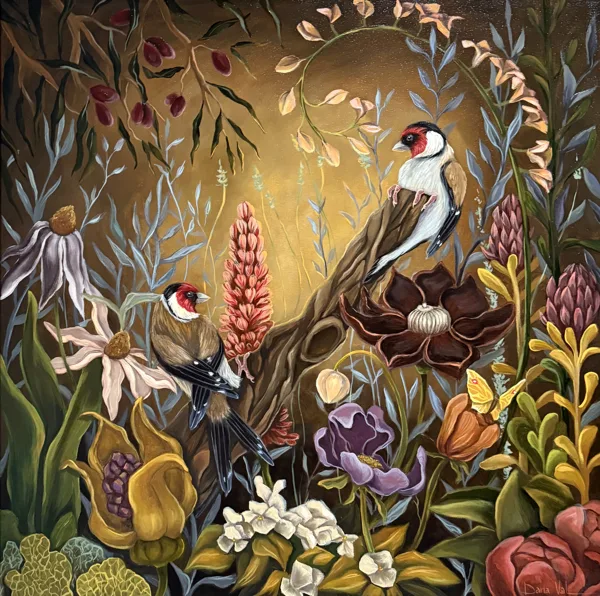 “Goldfinches at sunset”, 70x70 cm , oil on canvas