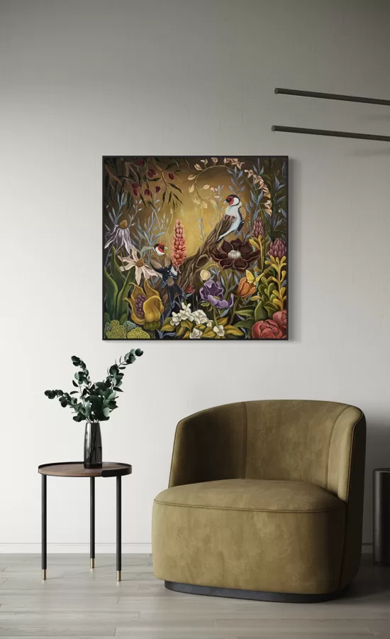 “Goldfinches at sunset”, 70x70 cm , oil on canvas