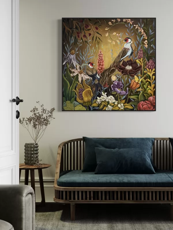“Goldfinches at sunset”, 70x70 cm , oil on canvas
